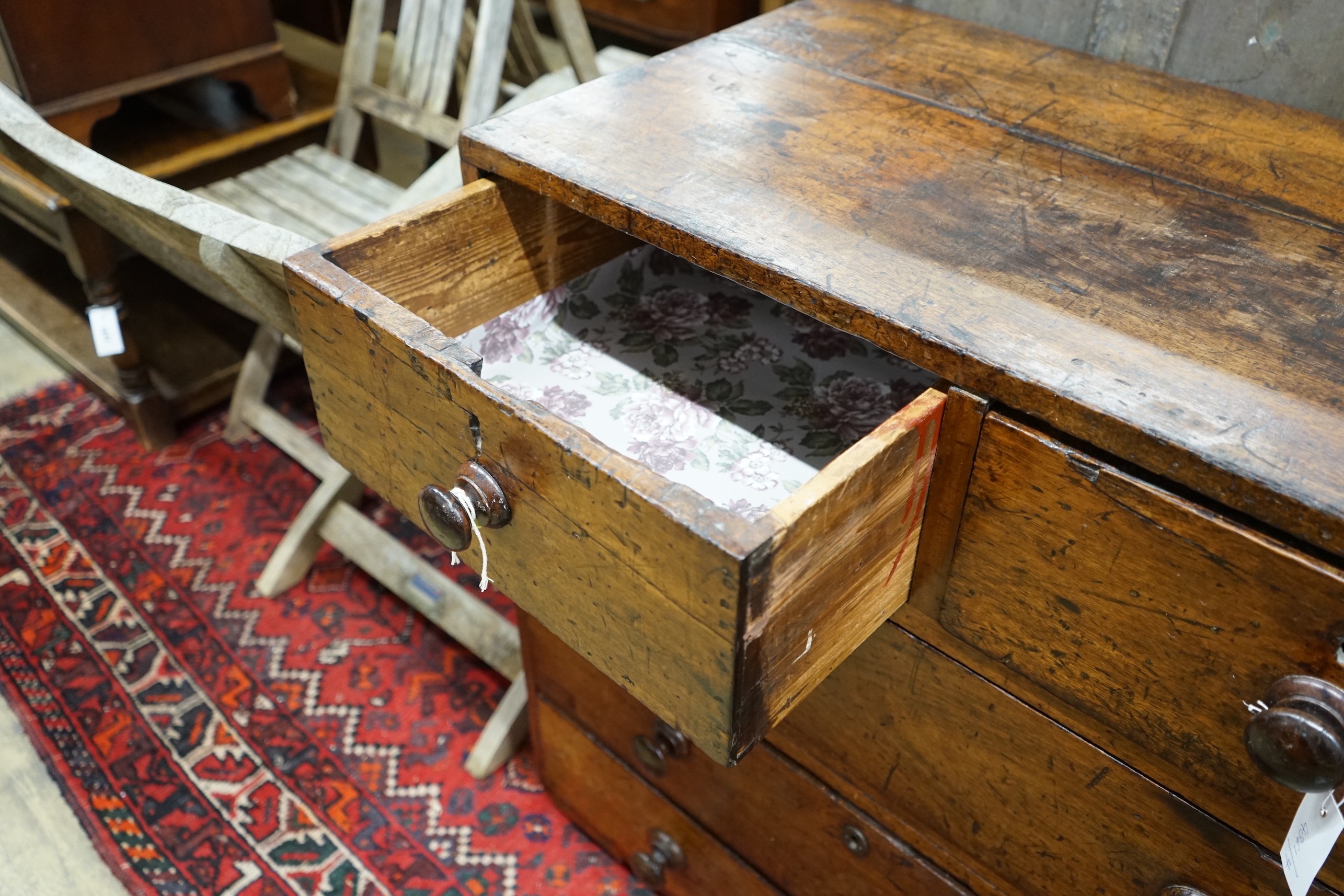 A 19th century mahogany two part chest with later turned wood handles, width 90cm, depth 49cm, height 92cm